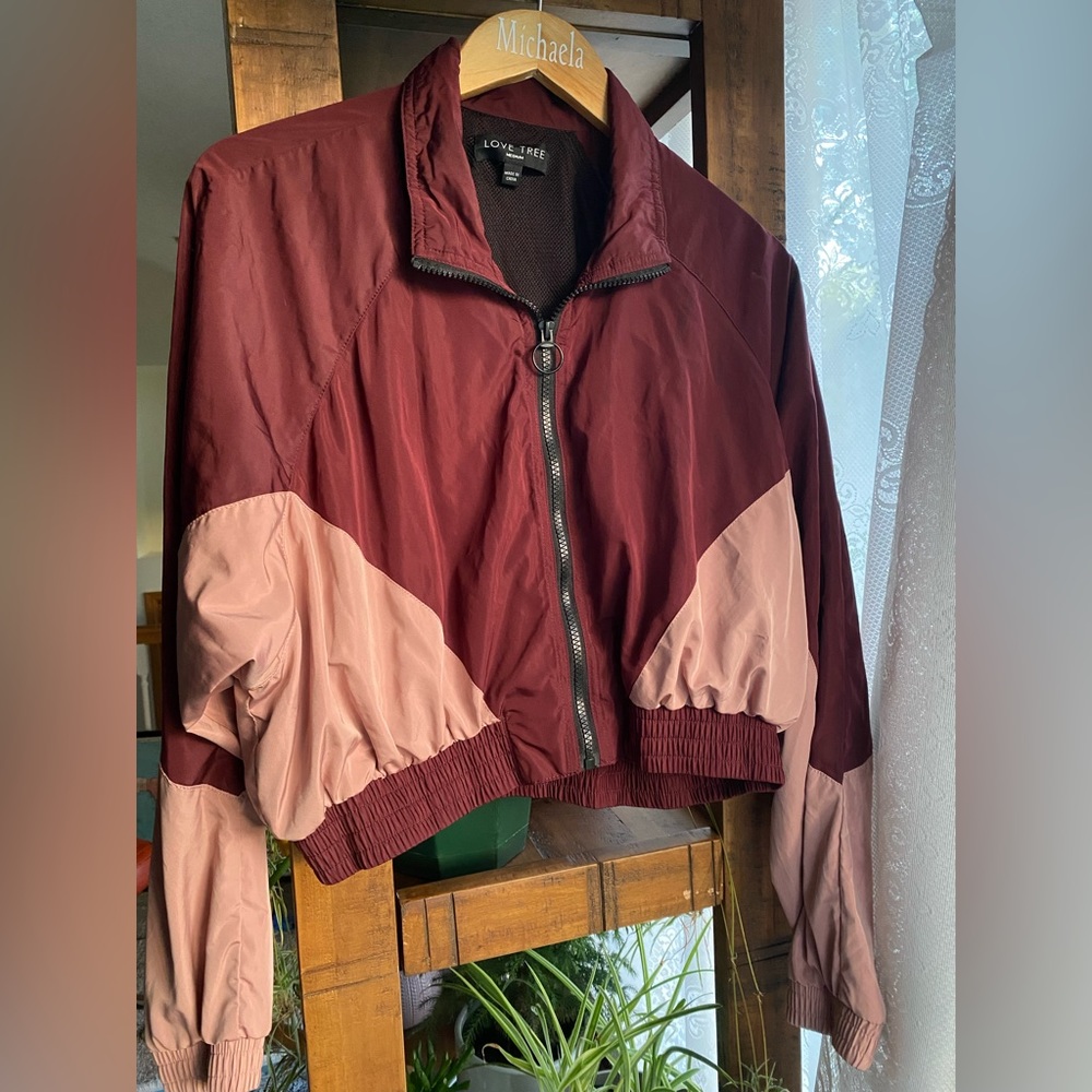 Love Tree | Medium Cropped Athletic Jacket | Maroon and Pink